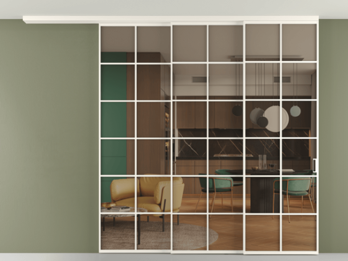 Перегородка Формато вдоль стены на потолок 3 створки с синхронным механизмом АЛПР 040.05 Алюминий пудровый белый Прозрачное бронзовое стекло, триплекс Цена 3048782 ₸ | Volhovec