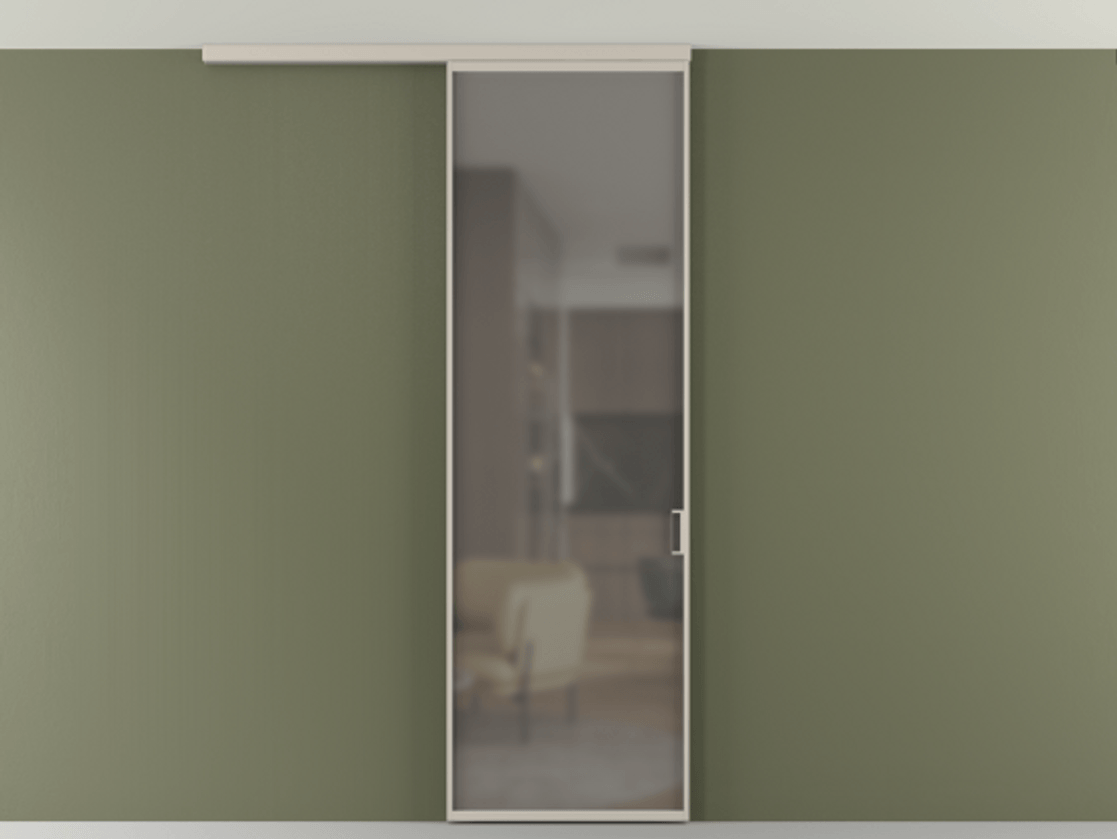 Перегородка Формато вдоль стены на потолок 1 створка АЛПР 040.01 Алюминий светло-бежевый Сатинированное серое стекло, триплекс Цена 698567 ₸ | Volhovec