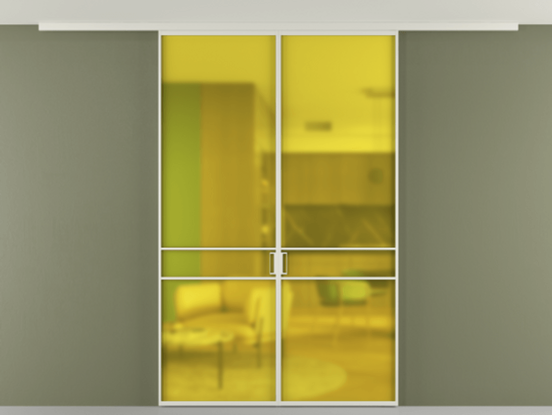 Перегородка Формато вдоль стены на потолок 2 створки АЛПР 040.02 Алюминий Белый Сатинированное жёлтое стекло, триплекс Цена 1357587 ₸ | Volhovec