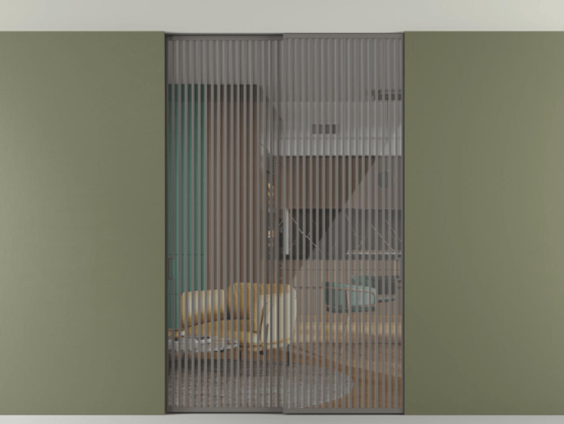 Перегородка Формато внутри проёма скрытое крепление в потолок 2 створки АЛПР 040.06 Алюминий классический серый Рефлективное прозрачное стекло "Стопсол", калёное Цена 3939667 ₸ | Volhovec