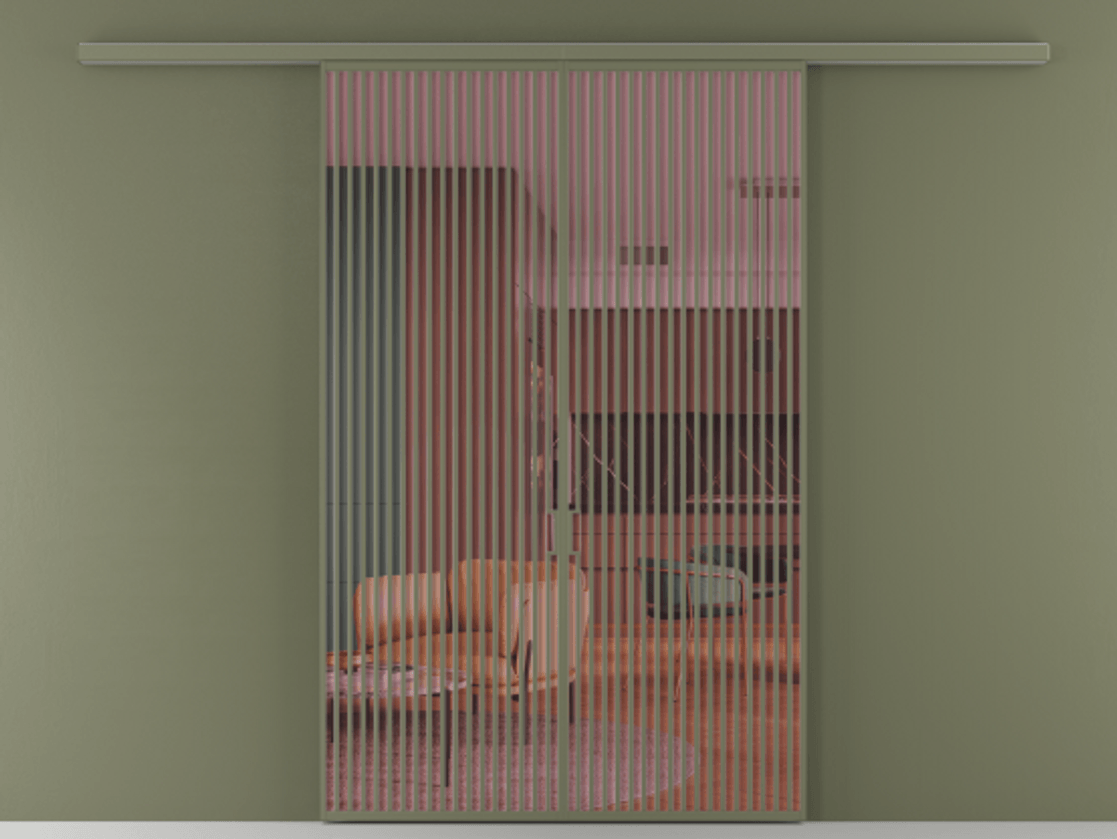 Перегородка Формато вдоль стены 2 створки АЛПР 040.06 Алюминий оливковый тёмный Прозрачное розовое стекло, триплекс Цена 2719786 ₸ | Volhovec