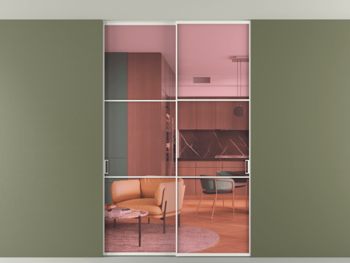 Перегородка Формато внутри проёма скрытое крепление в потолок 2 створки АЛПР 040.03 Алюминий светло-серый Прозрачное розовое стекло, триплекс Цена 1876505 ₸ | Volhovec