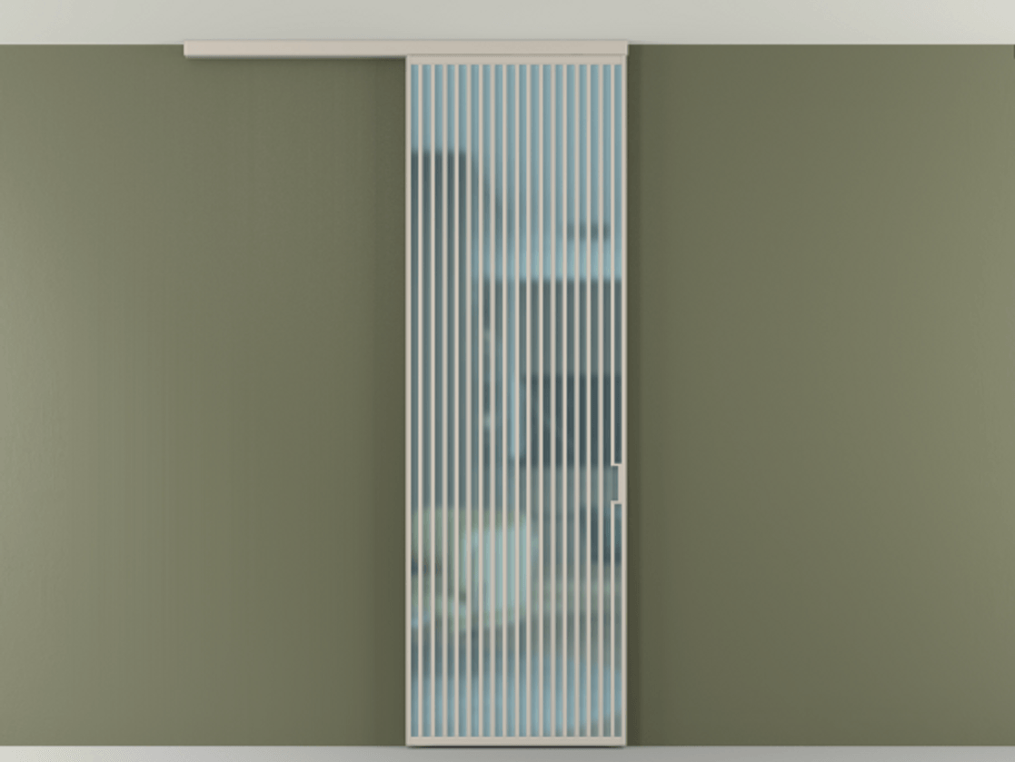 Перегородка Формато вдоль стены на потолок 1 створка АЛПР 040.06 Алюминий светло-бежевый Сатинированное голубое стекло, триплекс Цена 1343469 ₸ | Volhovec