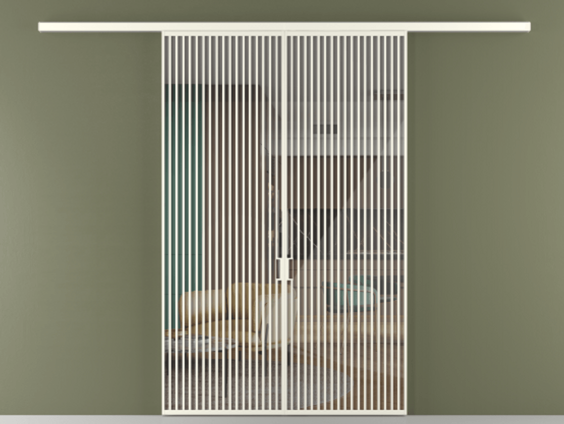 Перегородка Формато вдоль стены 2 створки АЛПР 040.06 Алюминий жемчужный Рефлективное прозрачное стекло "Стопсол", калёное Цена 3364200 ₸ | Volhovec