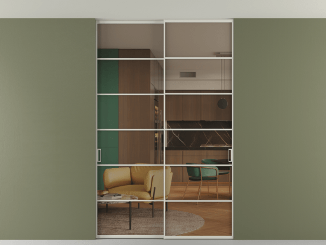 Перегородка Формато внутри проёма скрытое крепление в потолок 2 створки АЛПР 040.04 Алюминий тёплый серый Прозрачное бронзовое стекло, триплекс Цена 1973803 ₸ | Volhovec