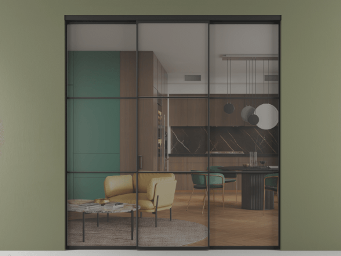 Перегородка Formato внутри проёма 3 створки АЛПР 040.03 Алюминий Черный Прозрачное серое стекло, триплекс Цена 1723491 ₸ | Volhovec