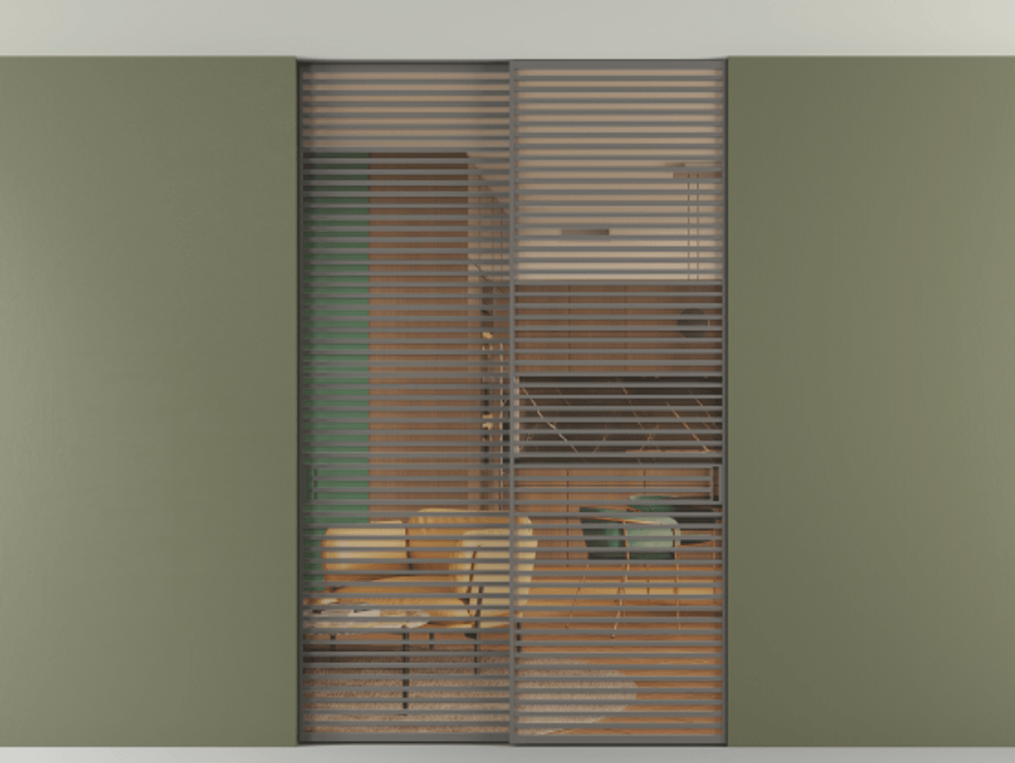 Перегородка Формато внутри проёма скрытое крепление в потолок 2 створки АЛПР 040.07 Алюминий классический серый Прозрачное оранжевое стекло, триплекс Цена 3098957 ₸ | Volhovec