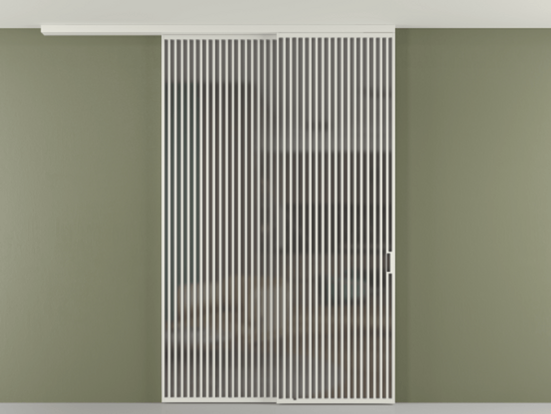 Перегородка Формато вдоль стены на потолок 2 створки с синхронным механизмом АЛПР 040.06 Алюминий серый Сатинированное серое стекло, триплекс Цена 3405447 ₸ | Volhovec