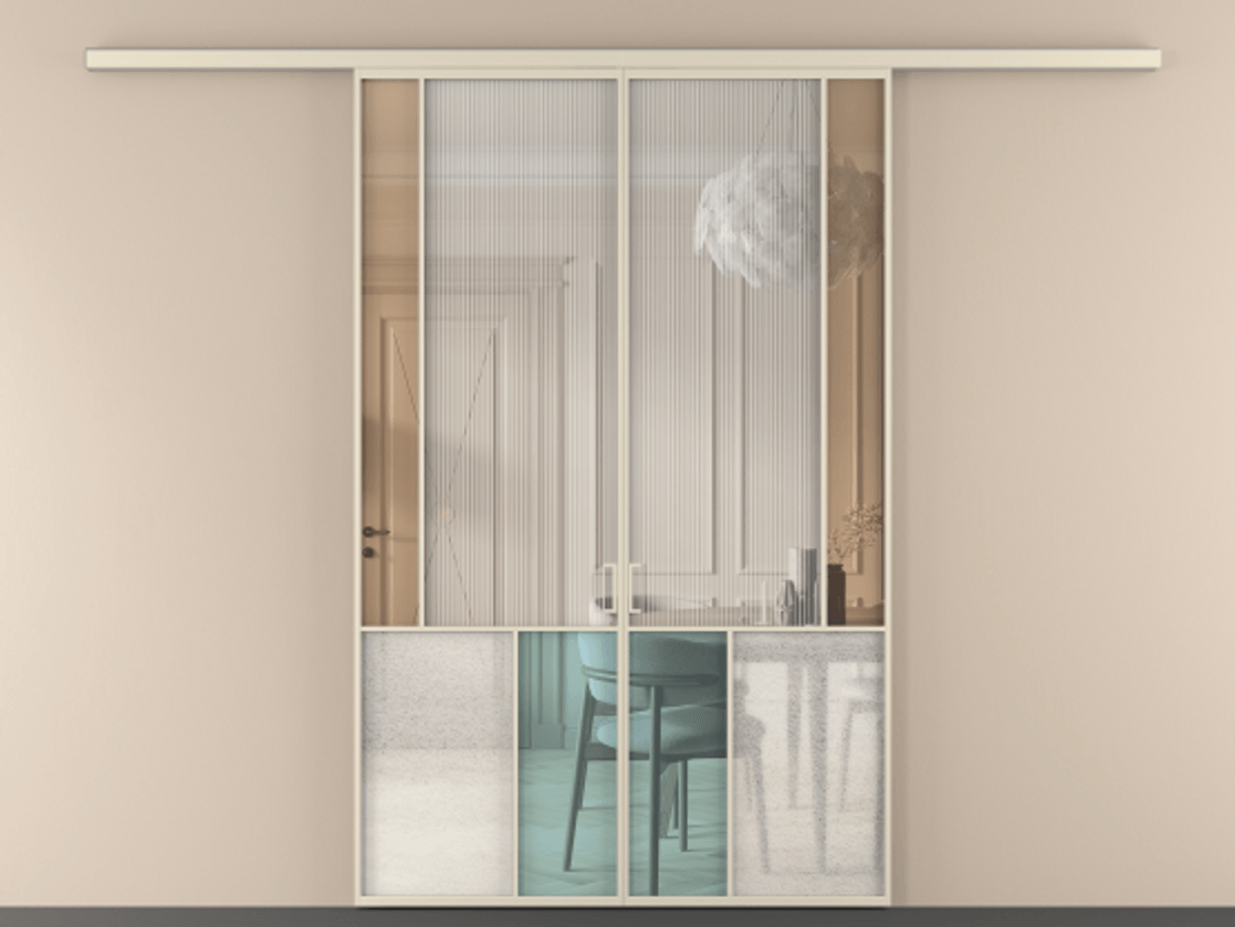 Перегородка Mosaic вдоль стены двустворчатая АЛПР 041.21 Алюминий бежево-серый Комбинация стекол Группы 1 и Группы 3 Цена 1727600 ₸ | Volhovec