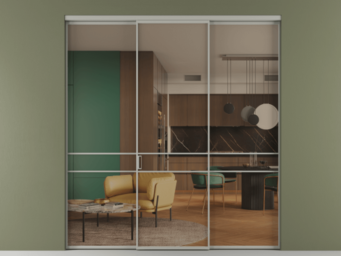 Перегородка Formato внутри проёма 3 створки АЛПР 040.02 Алюминий нейтральный серый Прозрачное бронзовое стекло, триплекс Цена 1550890 ₸ | Volhovec