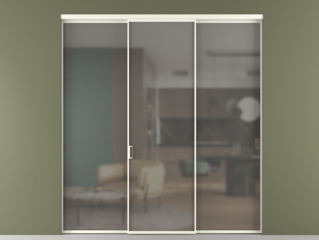 Перегородка Formato внутри проёма 3 створки АЛПР 040.01 Алюминий жемчужный Сатинированное серое стекло, триплекс Цена 1470020 ₸ | Volhovec