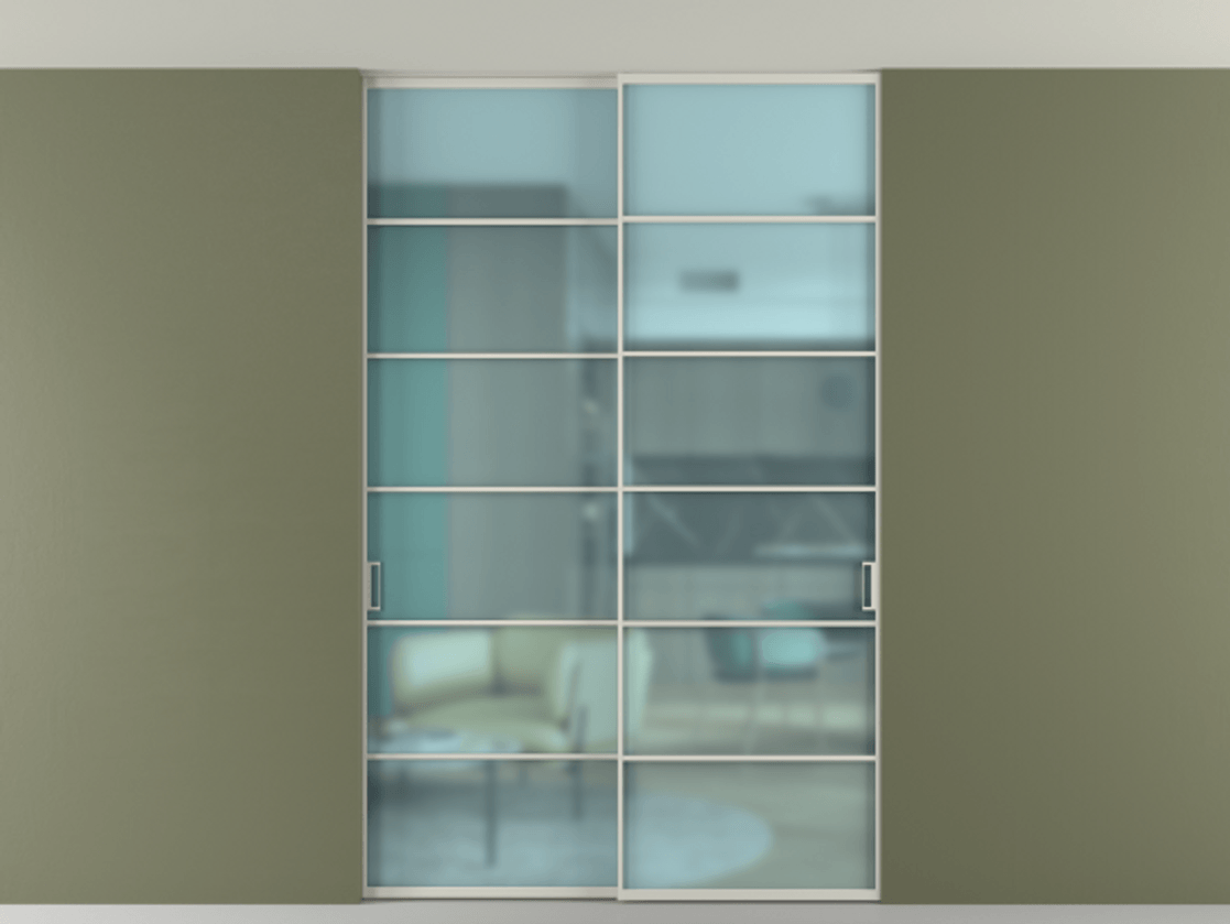 Перегородка Формато внутри проёма скрытое крепление в потолок 2 створки АЛПР 040.04 Алюминий тёплый серый Сатинированное голубое стекло, триплекс Цена 1973803 ₸ | Volhovec