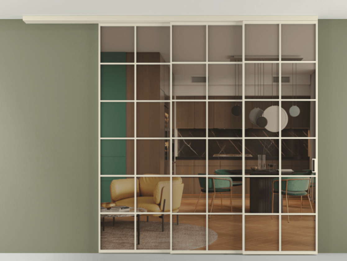 Перегородка Formato вдоль стены на потолок 3 створки с синхронным механизмом АЛПР 040.05 Алюминий бежево-серый Прозрачное бронзовое стекло, триплекс Цена 3048782 ₸ | Volhovec