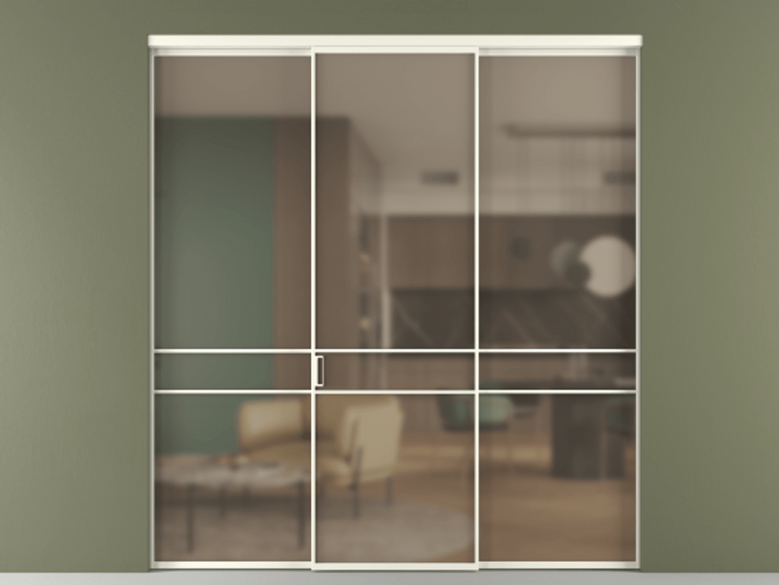 Перегородка Formato внутри проёма 3 створки АЛПР 040.02 Алюминий жемчужный Сатинированное бронзовое стекло, триплекс Цена 1550890 ₸ | Volhovec