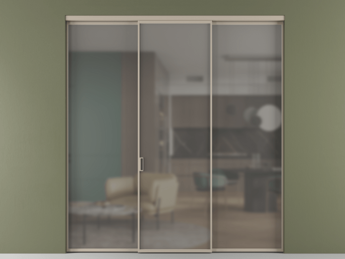 Перегородка Formato внутри проёма 3 створки АЛПР 040.01 Алюминий бисквитный Сатинированное серое стекло, триплекс Цена 1470020 ₸ | Volhovec