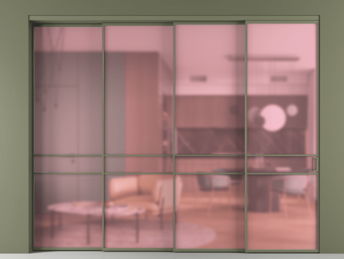 Перегородка Formato внутри проёма 4 створки с синхронным механизмом АЛПР 040.02 Алюминий оливковый тёмный Сатинированное розовое стекло, триплекс Цена 3392172 ₸ | Volhovec