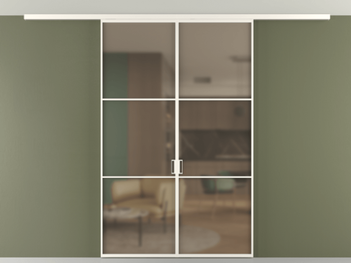 Перегородка Формато вдоль стены на потолок 2 створки АЛПР 040.03 Алюминий пудровый белый Сатинированное бронзовое стекло, триплекс Цена 1473263 ₸ | Volhovec