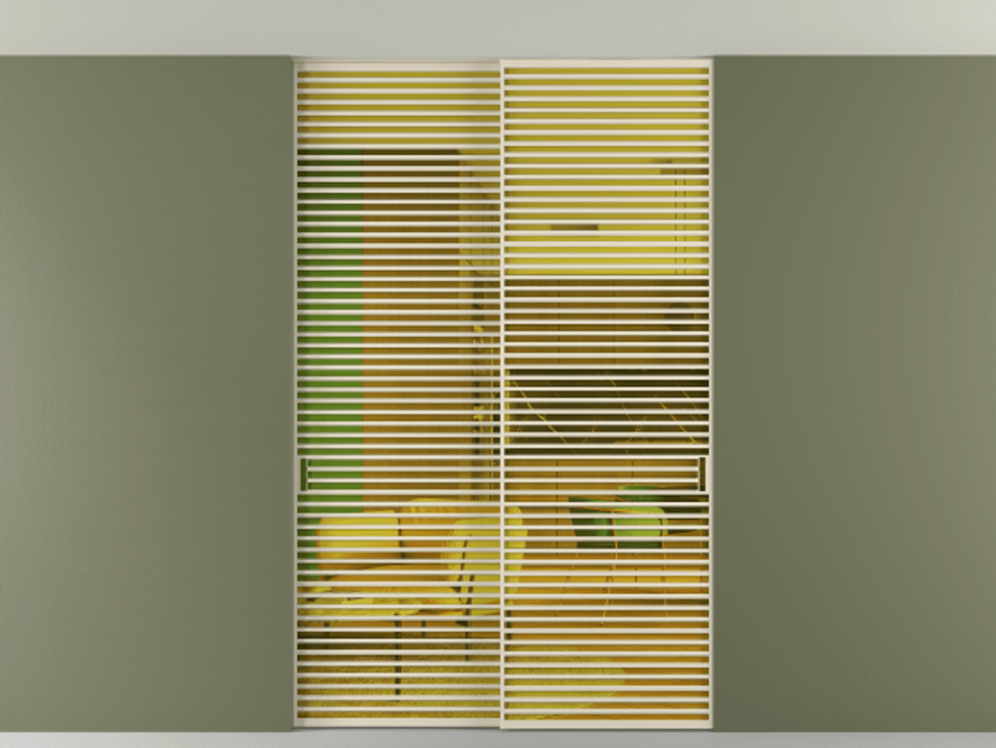 Перегородка Формато внутри проёма скрытое крепление в потолок 2 створки АЛПР 040.07 Алюминий бежево-серый Прозрачное жёлтое стекло, триплекс Цена 3098957 ₸ | Volhovec