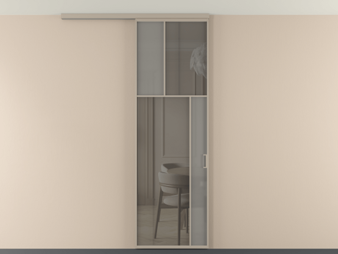 Перегородка Мозаик вдоль стены на потолок 1 створка АЛПР 041.23 Алюминий бисквитный Сатинированное серое стекло, триплекс, 6 мм + Прозрачное серое стекло, триплекс Цена 1020902 ₸ | Volhovec