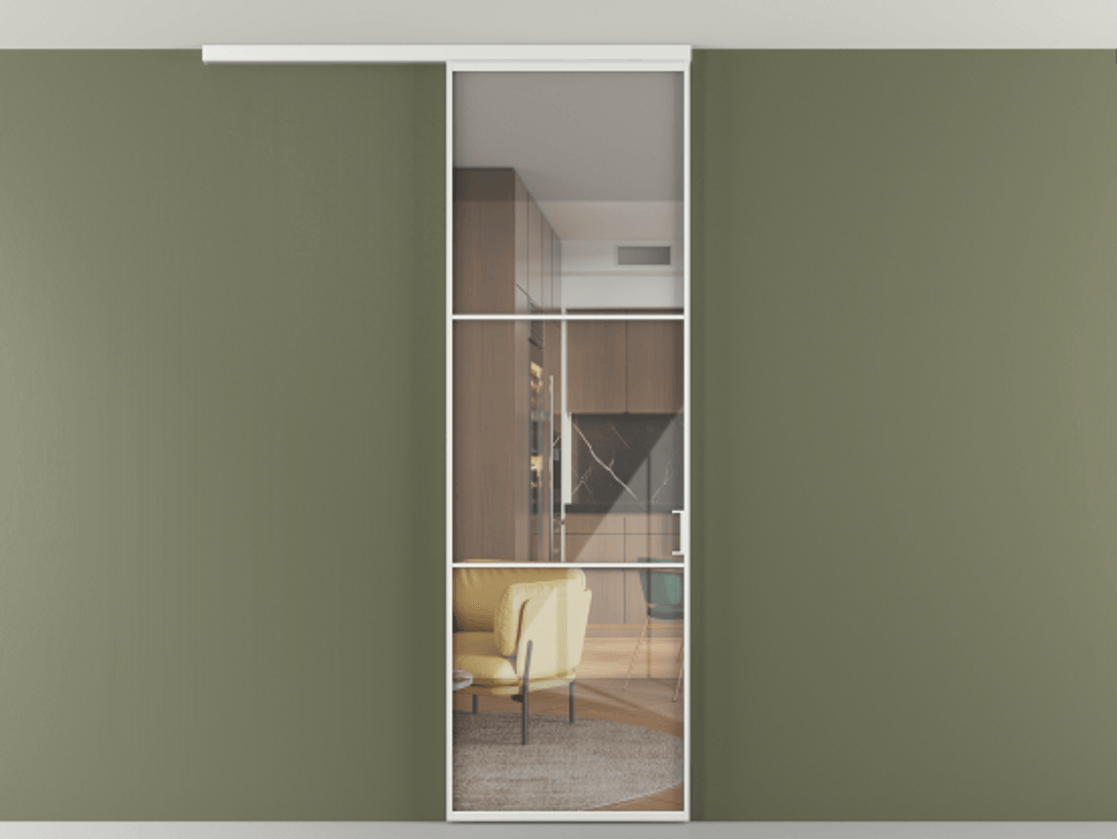 Перегородка Формато вдоль стены на потолок 1 створка АЛПР 040.03 Алюминий белоснежный Рефлективное прозрачное стекло "Стопсол", калёное Цена 811853 ₸ | Volhovec