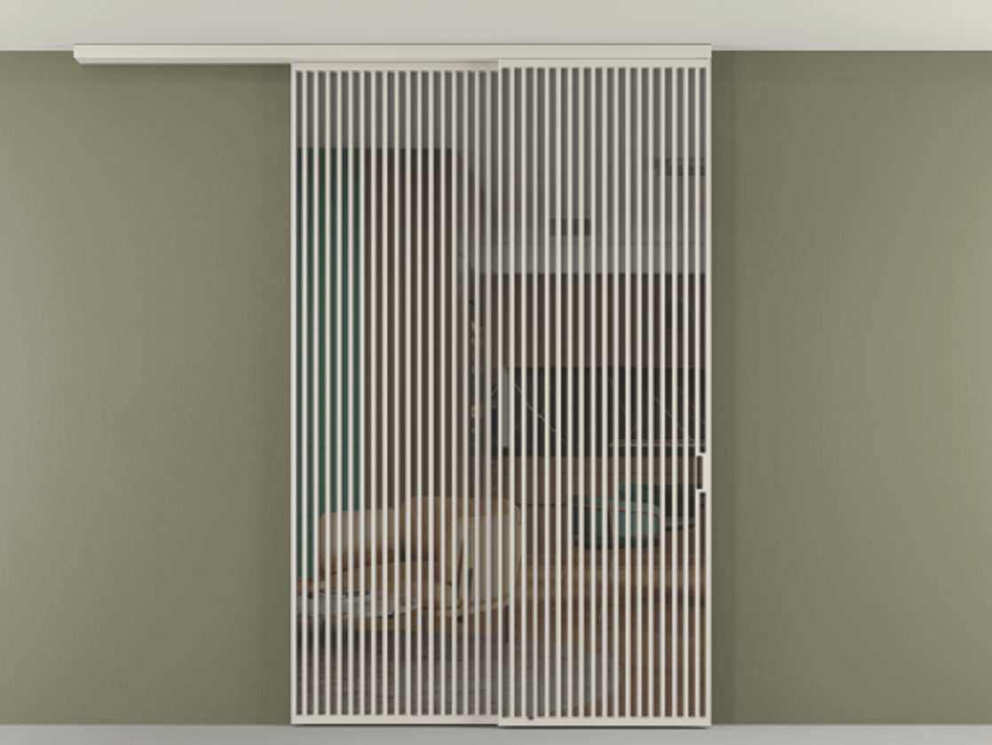 Перегородка Формато вдоль стены на потолок 2 створки с синхронным механизмом АЛПР 040.06 Алюминий облачно-серый Прозрачное серое стекло, триплекс Цена 3405447 ₸ | Volhovec