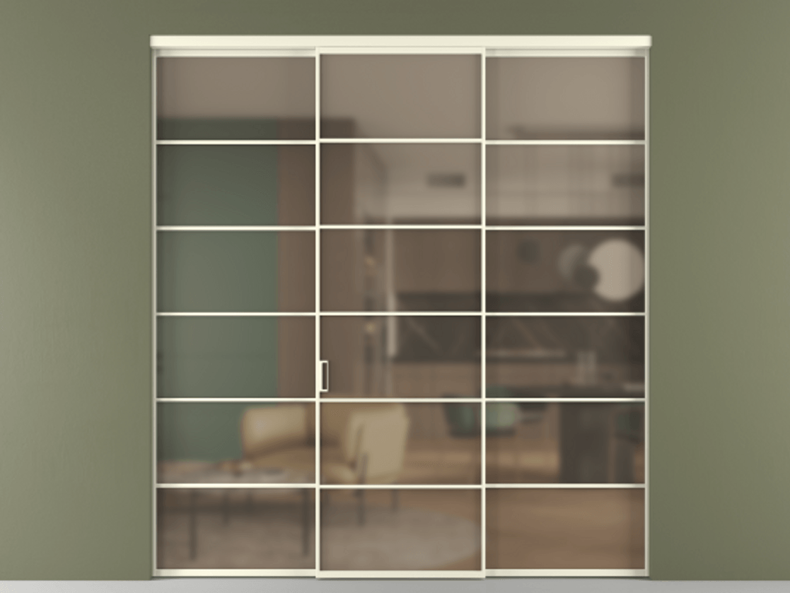 Перегородка Формато внутри проёма 3 створки АЛПР 040.04 Алюминий молочно-белый Сатинированное бронзовое стекло, триплекс Цена 1926477 ₸ | Volhovec