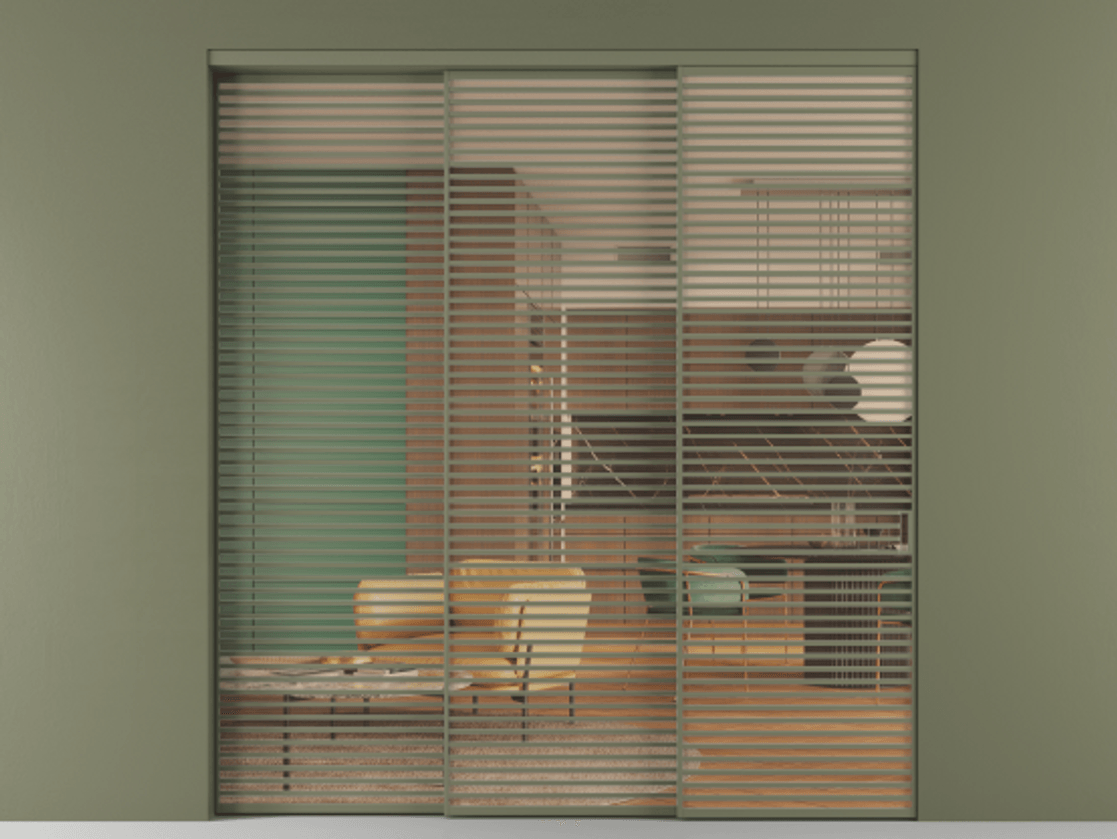 Перегородка Formato внутри проёма 3 створки с синхронным механизмом АЛПР 040.07 Алюминий оливковый тёмный Прозрачное оранжевое стекло, триплекс Цена 3617600 ₸  | Volhovec