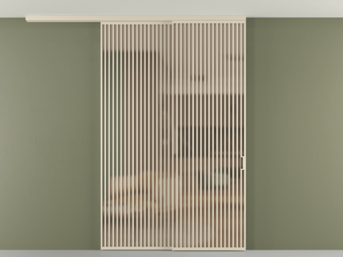 Перегородка Formato вдоль стены на потолок 2 створки с синхронным механизмом АЛПР 040.06 Алюминий бежево-серый Сатинированное оранжевое стекло, триплекс Цена 3286100 ₸ | Volhovec