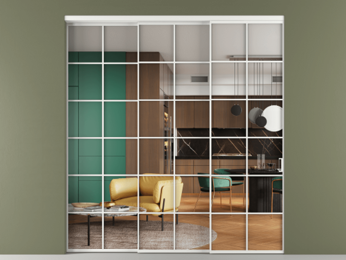 Перегородка Формато внутри проёма 3 створки с синхронным механизмом АЛПР 040.05 Алюминий белоснежный Прозрачное стекло "Кристал Вижн", калёное Цена 3303720 ₸  | Volhovec