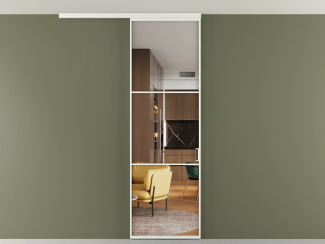 Перегородка Формато вдоль стены на потолок 1 створка АЛПР 040.03 Алюминий светло-серый Прозрачное стекло "Кристал Вижн", калёное Цена 948856 ₸ | Volhovec