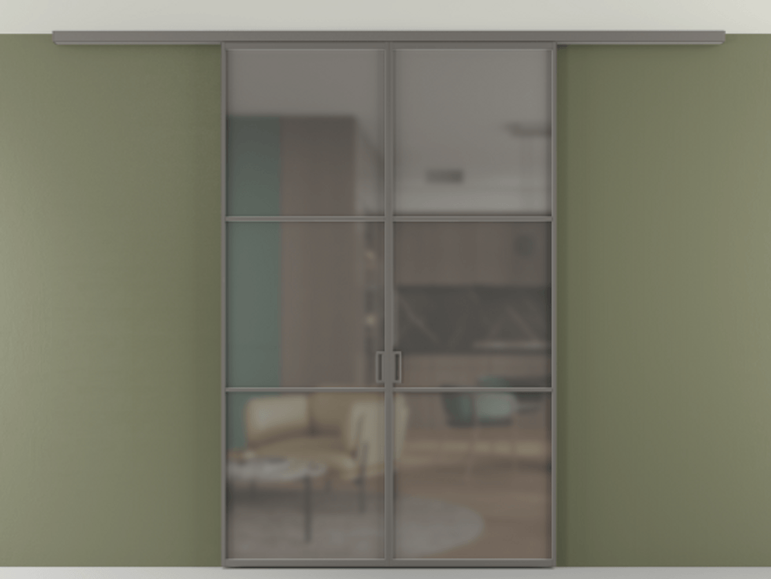 Перегородка Формато вдоль стены на потолок 2 створки АЛПР 040.03 Алюминий классический серый Сатинированное серое стекло, триплекс Цена 1473263 ₸ | Volhovec