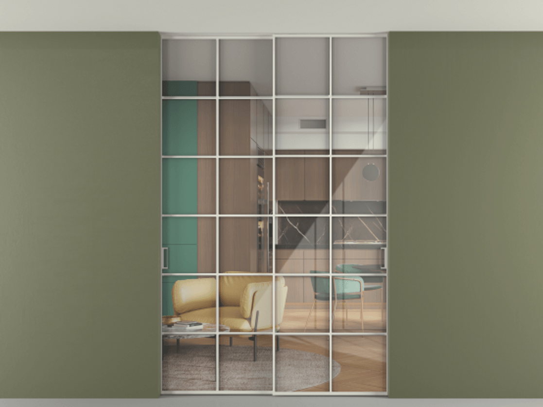 Перегородка Формато внутри проёма скрытое крепление в потолок 2 створки АЛПР 040.05 Алюминий Белый Рефлективное прозрачное стекло "Стопсол", калёное Цена 2372933 ₸ | Volhovec