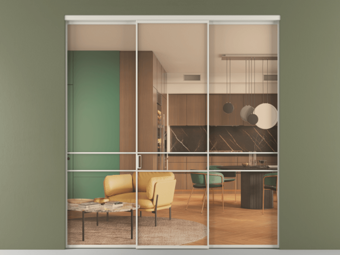 Перегородка Формато внутри проёма 3 створки АЛПР 040.02 Алюминий облачно-серый Прозрачное оранжевое стекло, триплекс Цена 1793799 ₸ | Volhovec