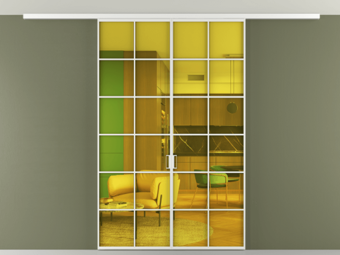 Перегородка Formato вдоль стены на потолок 2 створки АЛПР 040.05 Алюминий белоснежный Прозрачное жёлтое стекло, триплекс Цена 1529300 ₸ | Volhovec