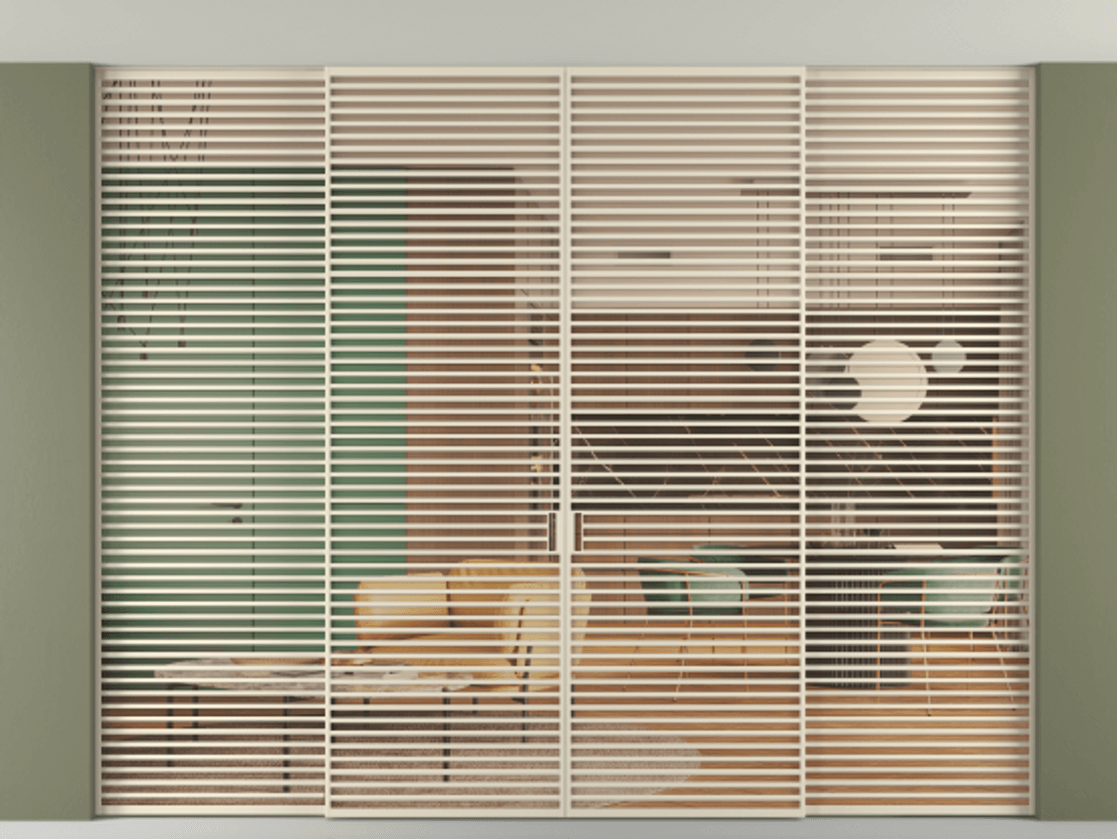 Перегородка Formato внутри проёма скрытое крепление в потолок 4 створки АЛПР 040.07 Алюминий бежево-серый Прозрачное оранжевое стекло, триплекс Цена 5955100 ₸ | Volhovec