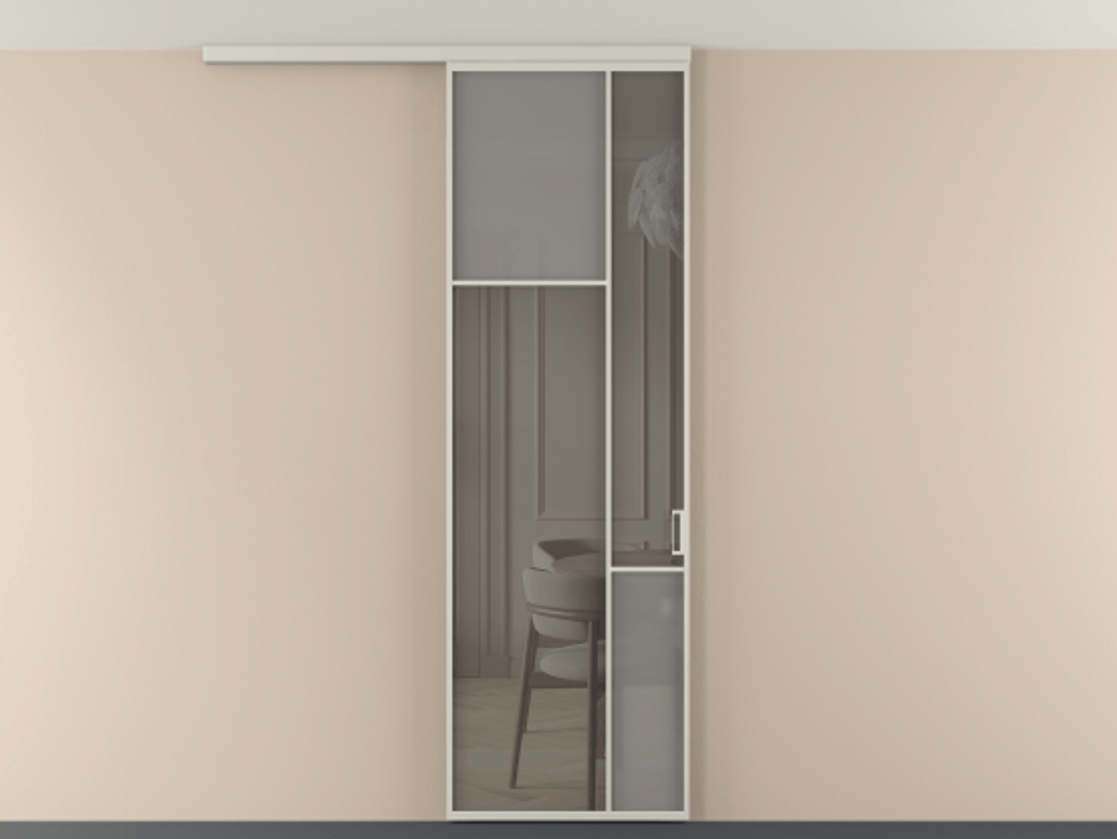 Перегородка Мозаик вдоль стены на потолок 1 створка АЛПР 041.10 Алюминий тёплый серый Сатинированное серое стекло, триплекс, 6 мм + Прозрачное серое стекло, триплекс Цена 1020902 ₸ | Volhovec