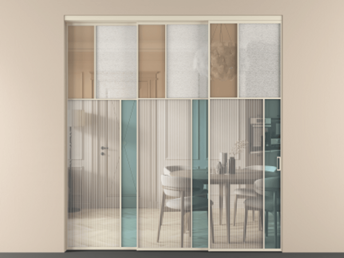 Перегородка Mosaic внутри проёма телескопик синхро 2 АЛПР 041.23 Алюминий бежево-серый Комбинация стекол Группы 1 и Группы 3 Цена 2632700 ₸ | Volhovec