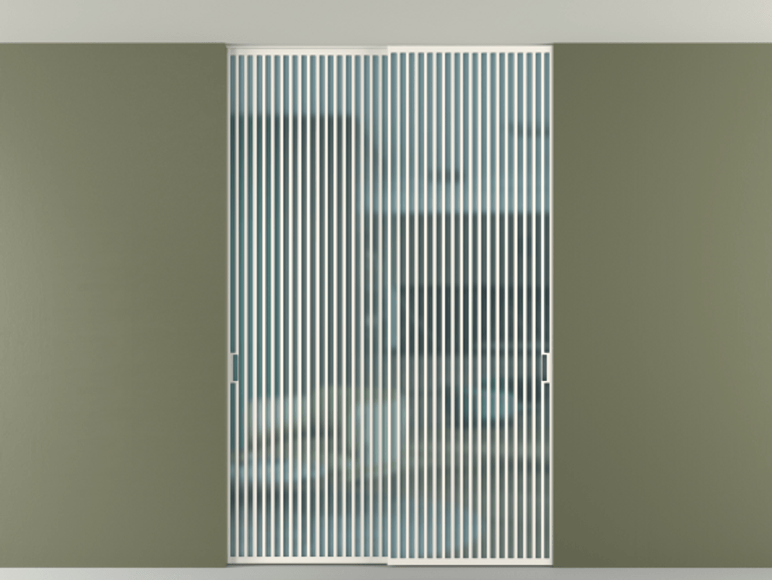 Перегородка Формато внутри проёма скрытое крепление в потолок 2 створки АЛПР 040.06 Алюминий пудровый белый Сатинированное голубое стекло, триплекс Цена 3098957 ₸ | Volhovec