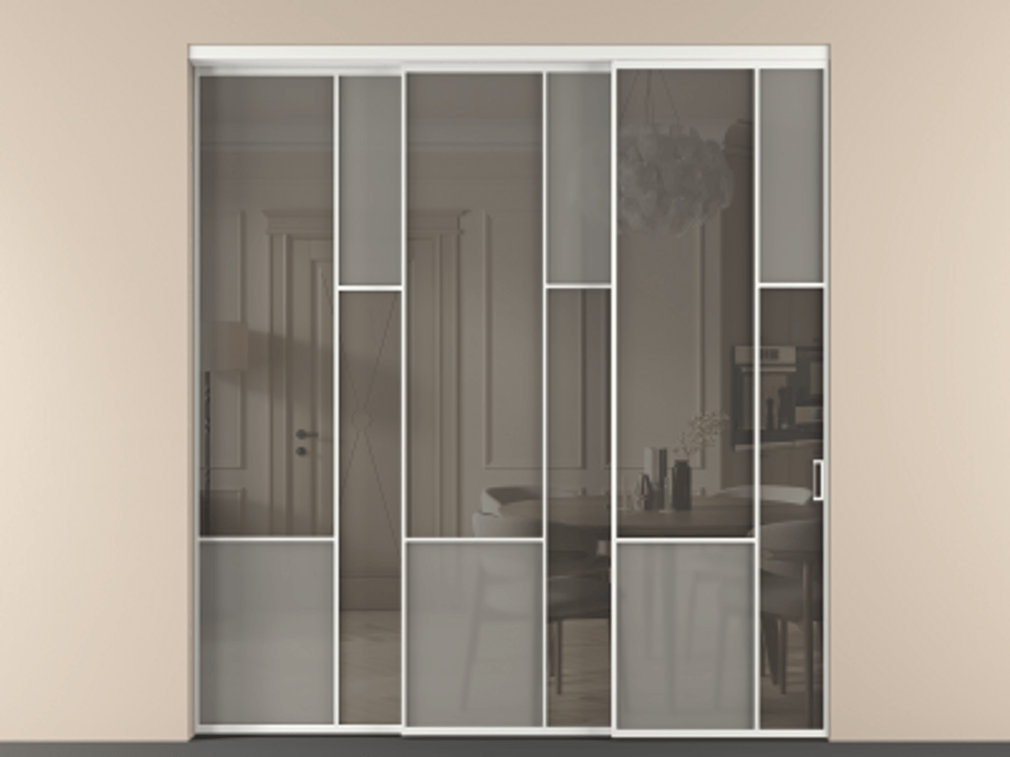 Перегородка Mosaic внутри проёма 3 створки с синхронным механизмом АЛПР 041.12 Алюминий белоснежный Сатинированное серое стекло, триплекс, 6 мм + Прозрачное серое стекло, триплекс Цена 3306668 ₸ | Volhovec