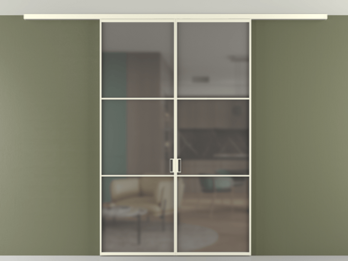 Перегородка Формато вдоль стены на потолок 2 створки АЛПР 040.03 Алюминий молочно-белый Сатинированное серое стекло, триплекс Цена 1410809 ₸ | Volhovec