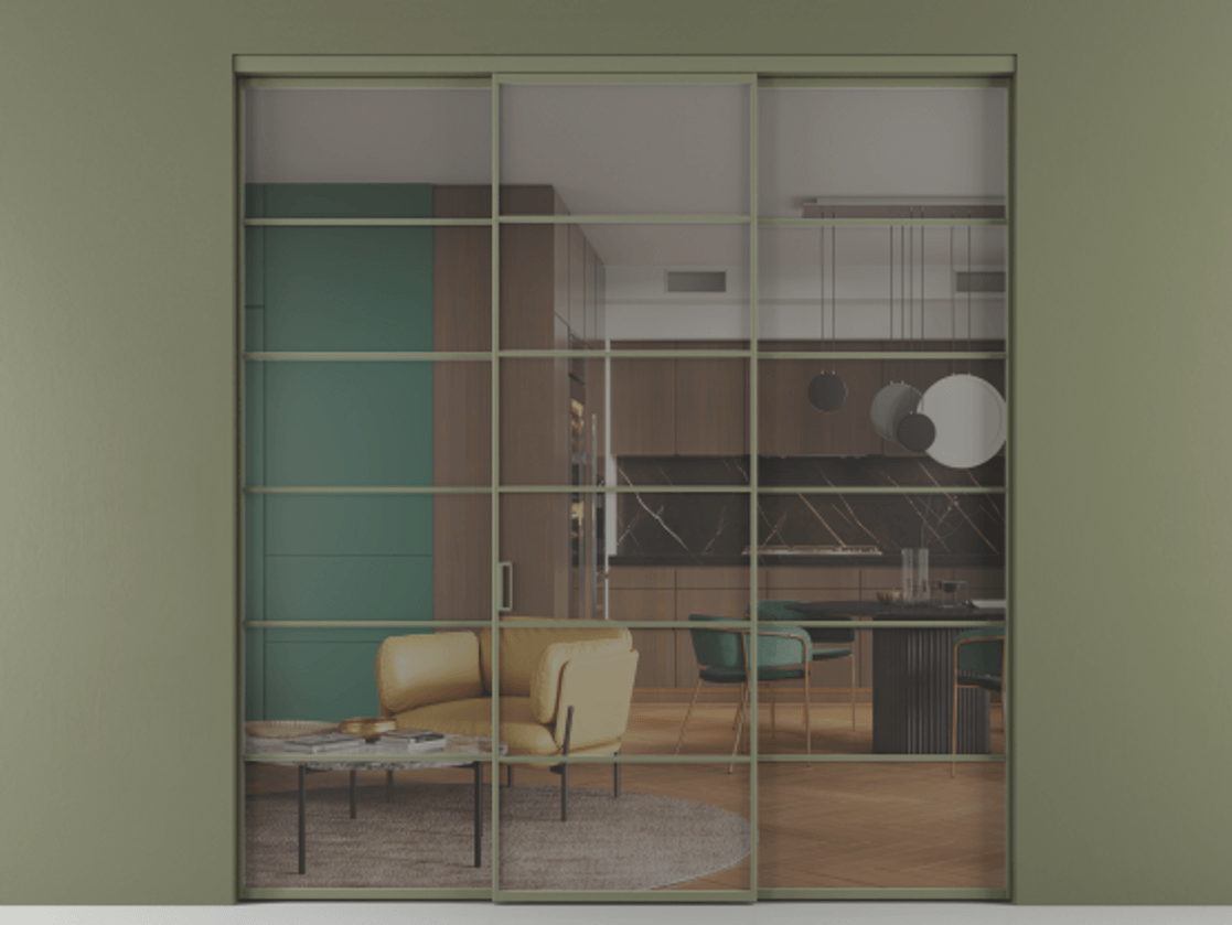 Перегородка Формато внутри проёма 3 створки АЛПР 040.04 Алюминий оливковый тёмный Прозрачное серое стекло, триплекс Цена 1926477 ₸ | Volhovec