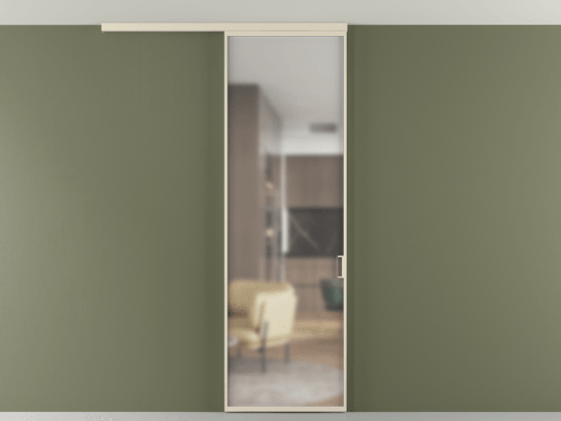 Перегородка Формато вдоль стены на потолок 1 створка АЛПР 040.01 Алюминий бежево-серый Сатинированное стекло "Мателюкс Кристал Вижн", калёное, матовое, каленое 6 мм Цена 903949 ₸ | Volhovec