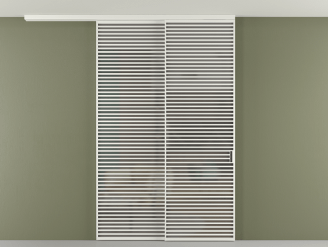 Перегородка Формато вдоль стены на потолок 2 створки с синхронным механизмом АЛПР 040.07 Алюминий светло-серый Сатинированное серое стекло, триплекс Цена 3981247 ₸ | Volhovec