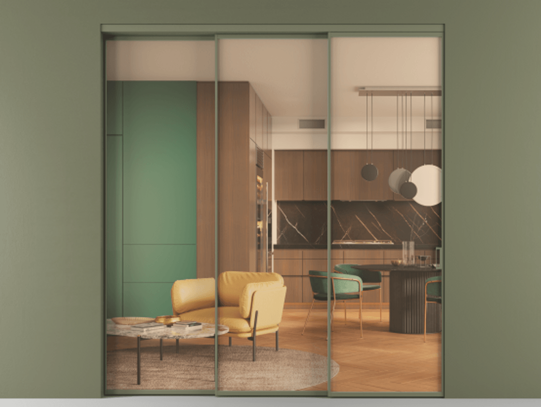 Перегородка Formato внутри проёма 3 створки с синхронным механизмом АЛПР 040.01 Алюминий оливковый тёмный Прозрачное оранжевое стекло, триплекс Цена 2069100 ₸  | Volhovec