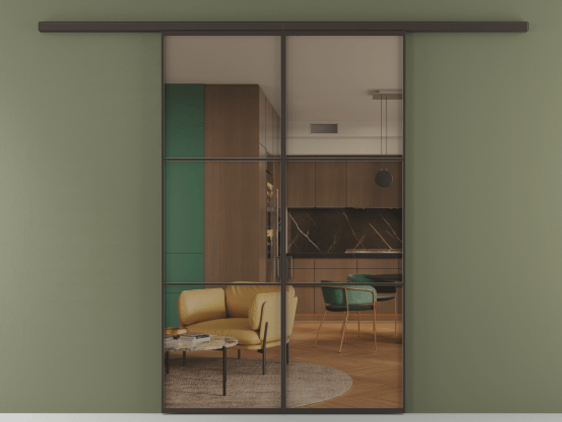 Перегородка Formato вдоль стены 2 створки АЛПР 040.03 Алюминий антрацит Прозрачное бронзовое стекло, триплекс Цена 1761480 ₸ | Volhovec