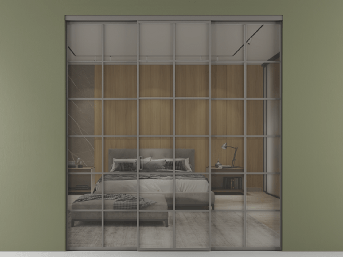 Перегородка Formato внутри проёма 3 створки АЛПР 040.05 Алюминий классический серый Рефлективное серое стекло "Stopsol", калёное Цена 2577960 ₸ | Volhovec