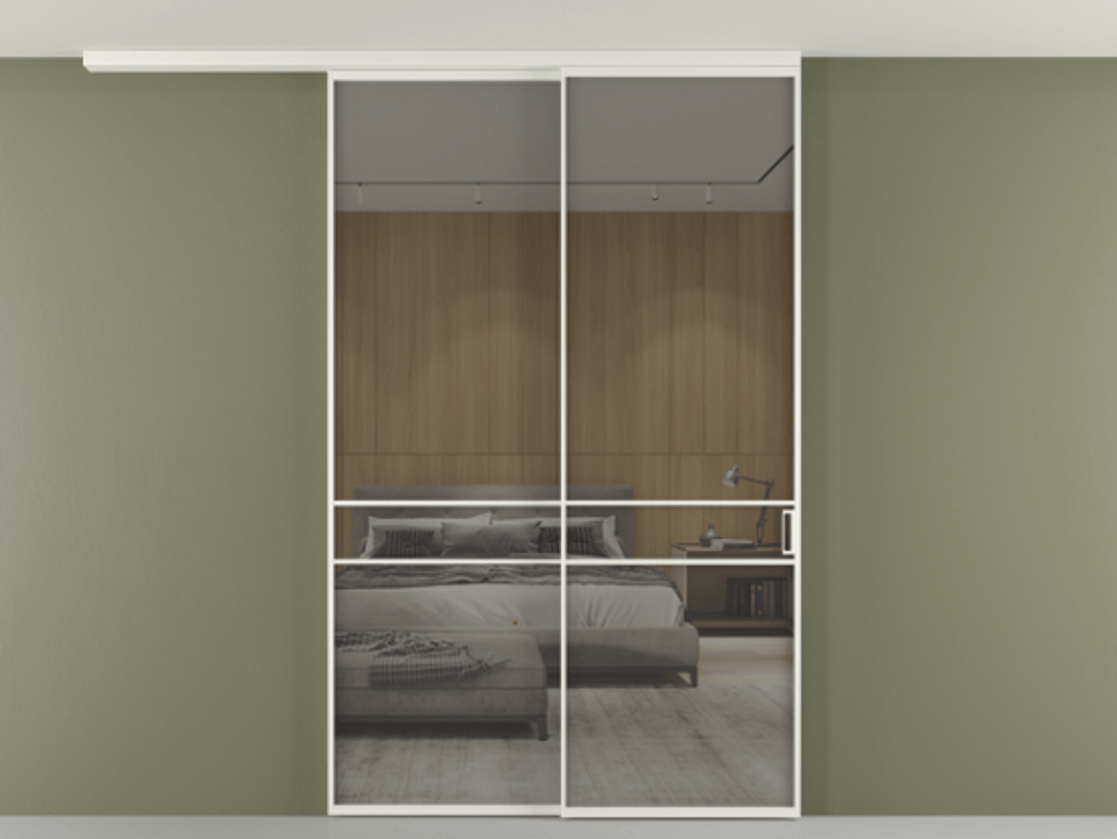 Перегородка Формато вдоль стены на потолок 2 створки с синхронным механизмом АЛПР 040.02 Алюминий светло-серый Рефлективное серое стекло "Стопсол", калёное Цена 2198267 ₸ | Volhovec