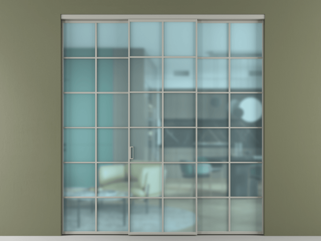 Перегородка Formato внутри проёма 3 створки АЛПР 040.05 Алюминий нейтральный серый Сатинированное голубое стекло, триплекс Цена 1667700 ₸ | Volhovec