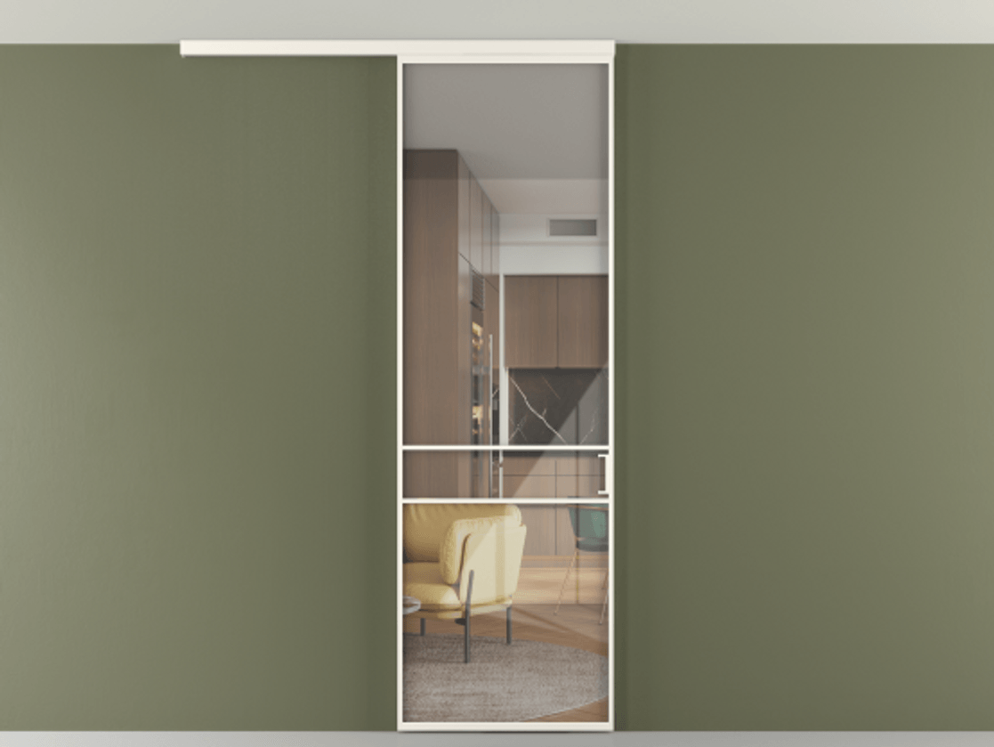 Перегородка Formato вдоль стены на потолок 1 створка АЛПР 040.02 Алюминий пудровый белый Рефлективное прозрачное стекло "Стопсол", калёное Цена 948856 ₸ | Volhovec