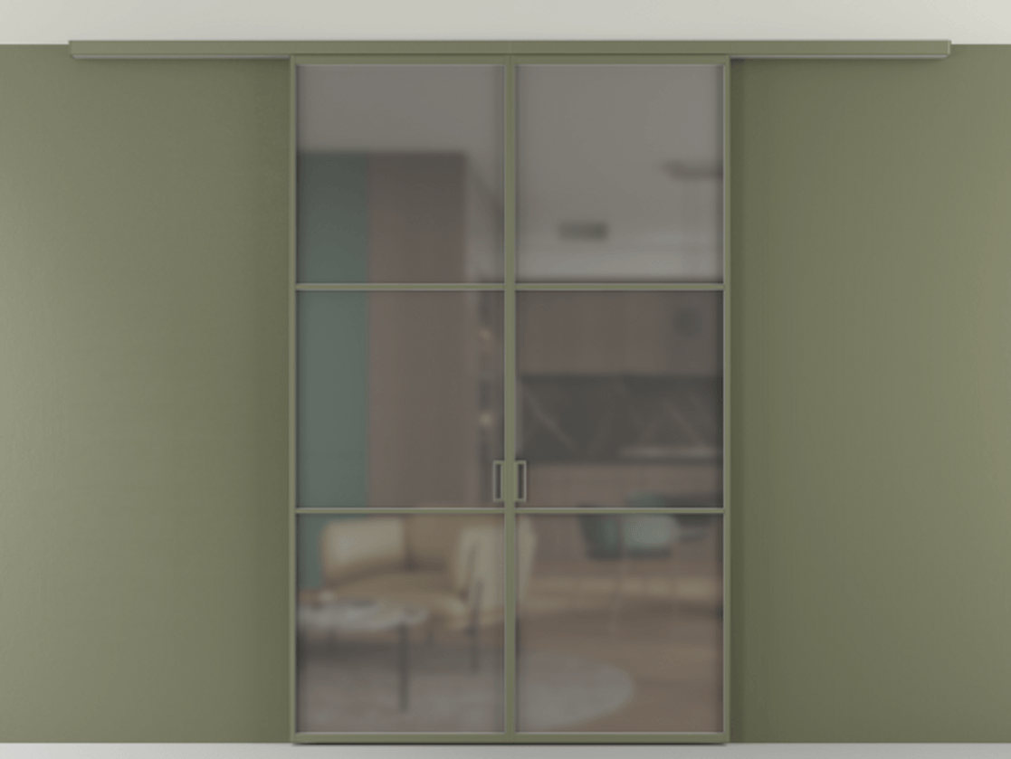 Перегородка Формато вдоль стены на потолок 2 створки АЛПР 040.03 Алюминий оливковый тёмный Сатинированное серое стекло, триплекс Цена 1473263 ₸ | Volhovec